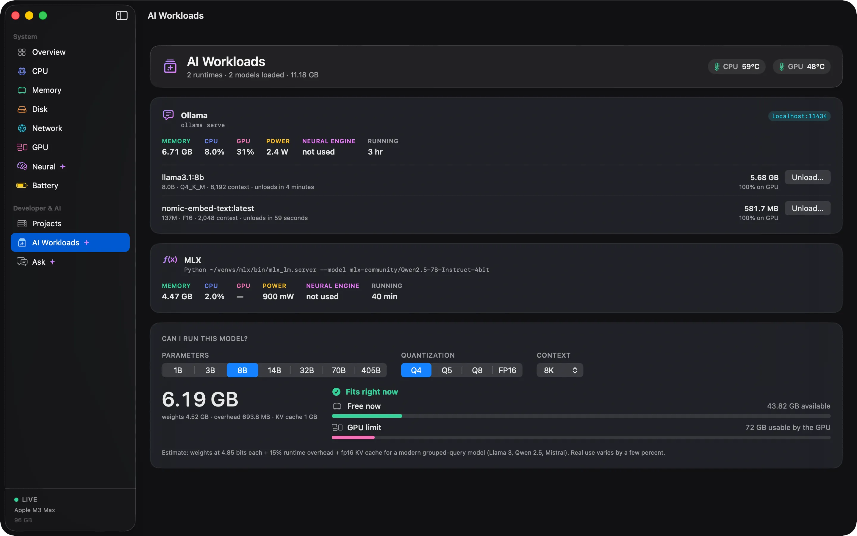 The Cortex Local AI screen listing Ollama with two loaded models, their memory and power use.
