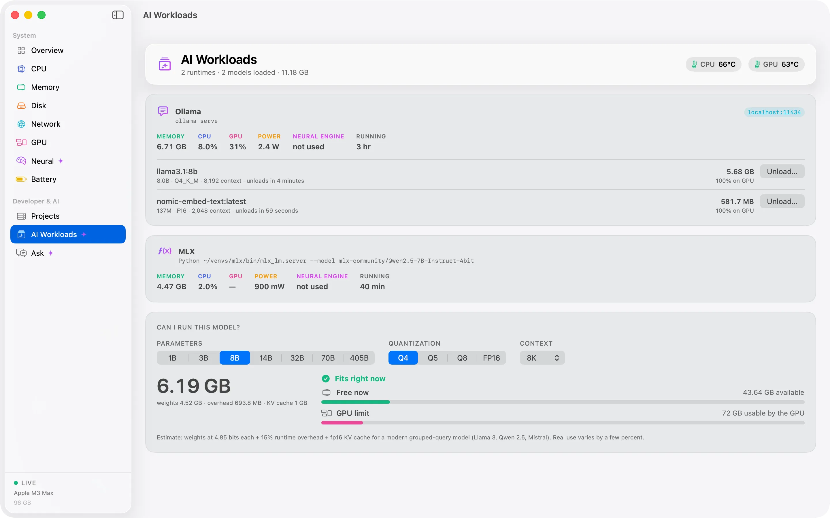 The Cortex Local AI screen listing Ollama with two loaded models, their memory and power use.