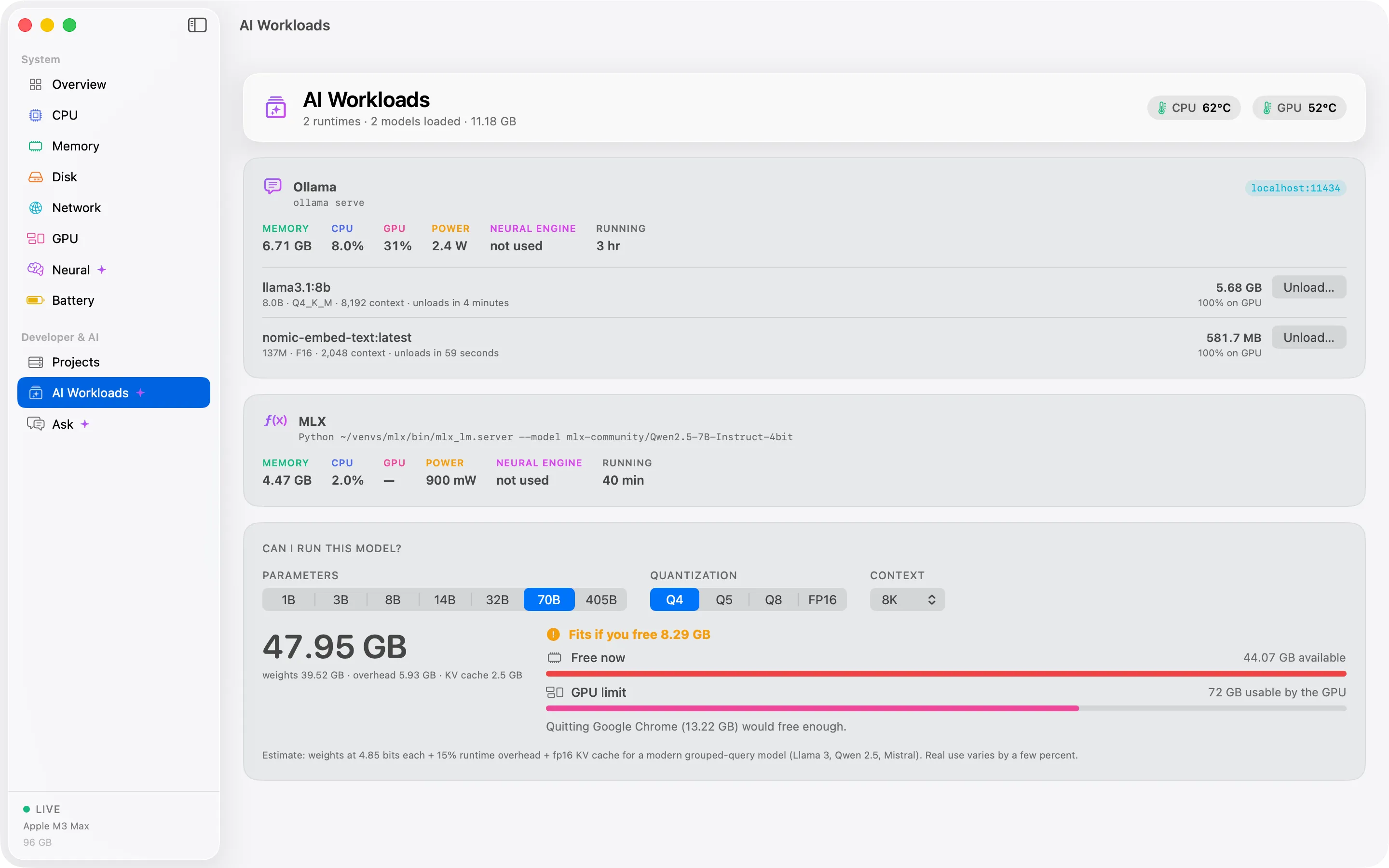 The Model Fit Advisor comparing a 70B model at 4-bit quantization with the free memory on this Mac.