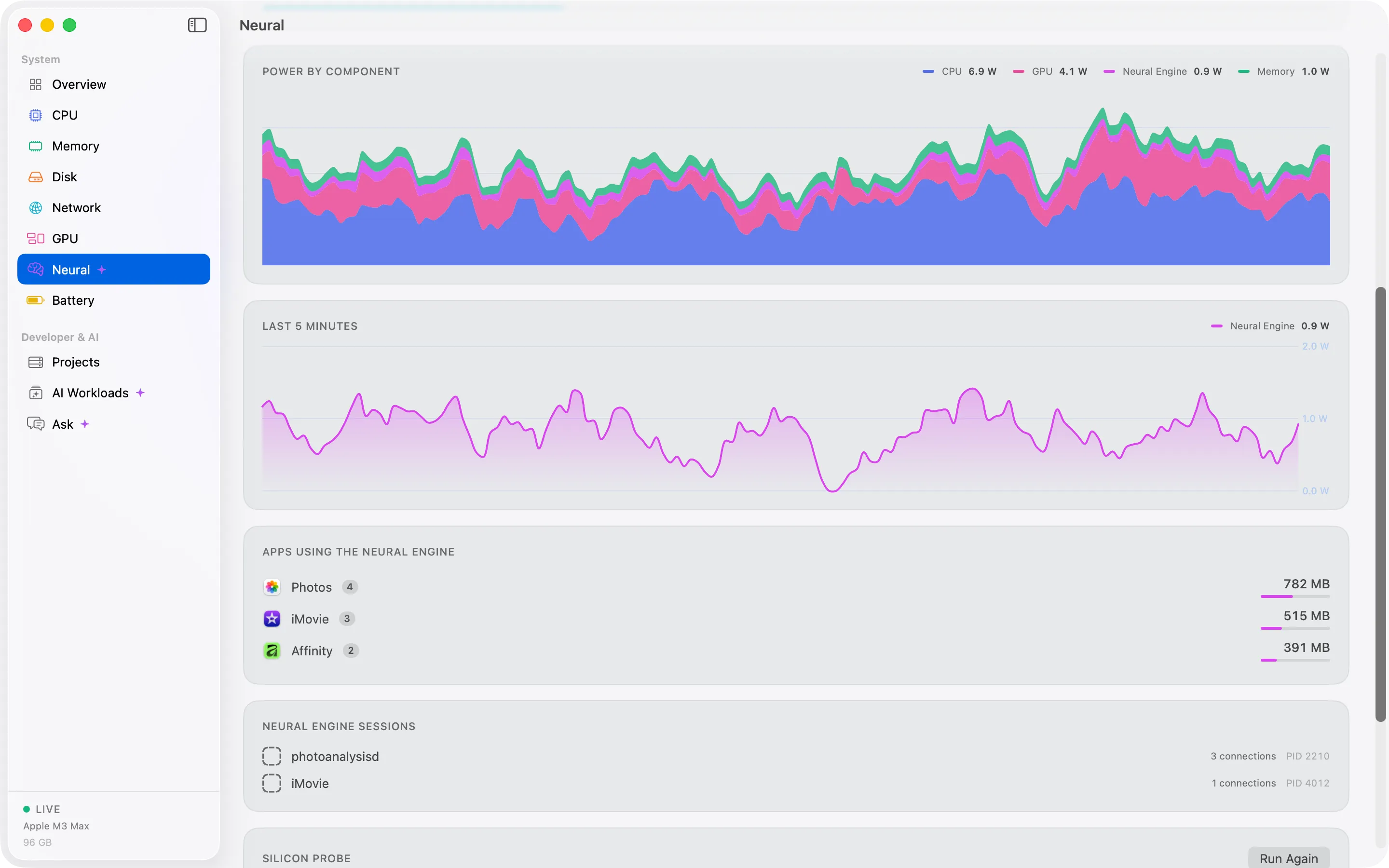 The Cortex Neural Engine screen with a stacked power chart for CPU, GPU, Neural Engine and DRAM.